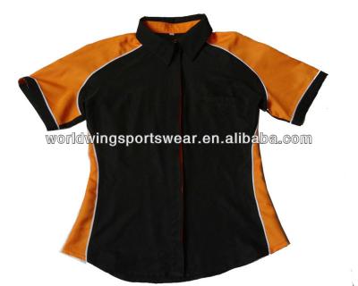 China Shirts & Custom Ladies Tops 100% Polyester Plain Black With Orange Panels Slim Fit Work Shirt for sale