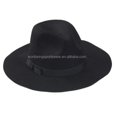 China Simple Black Faux Suede Wide Brim COMMON With Bowknot Ribbon Felted Hat Cap for sale