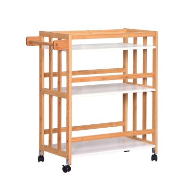 China Eco-friendly Hardware Cart Kitchen Rolling Natural Bamboo Cart With Rack Plant Adjustable Bamboo Rack With Wheels for sale