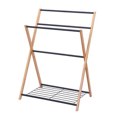 China Eco-friendly Material Wholesale Bamboo Folding Towel Rack Bathroom Towel Shelf With Black Steel for sale