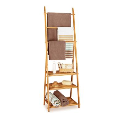 China Household Environmentally Friendly Multifunctional Room Ladder Storage Shelf Bamboo Standing Towel Rack for sale