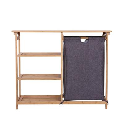 China Environmental Friendly Wooden Bathroom Clothes Drawer Laundry Basket With Removable Bag Bamboo Basket With Storage Shelf Holders for sale