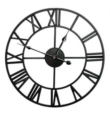 China Antique Style 24inch 60cm Classic Metal Round Shaped Iron Skeleton Antique Industrial Roman Numerals Home Decor Black Wall Clock for sale