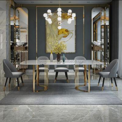 China (Others) (Others) 2021 Adjustable Modern Marble Dining Table Sets Sinter Stone Top With Iron Legs Living Room Furniture Gold Base Home Table With 6 Chairs for sale