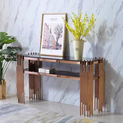 China Modern Light Luxury Home Furniture Stainless Steel Frame Glass Top Console Table for sale