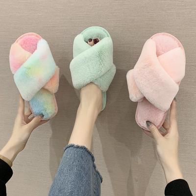 China 2020 Slippers With Fur,Fashion Trend Amazon Non-slip Fluffy Women Cross Sandals Open Toe Indoor Winter Plush Slippers Fur Flip Flops for sale