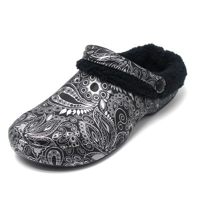 China Anti-Smell Black Winter Paisley Print Fur Clog Shoe, House Casual Plastic Slipper Scratching Unisex Rubber Fleece Eva Clogs for sale