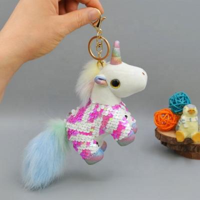 China 2021 wholesale eco-friendly new design low price sequin fabric unicorn key chain stuffed plush toy for sale