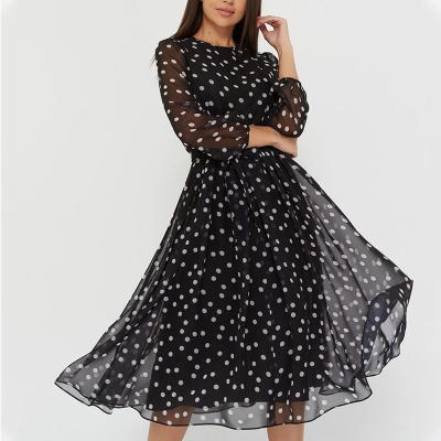 China Breathable European and American women's coffee color black long-sleeved chiffon dress polka dot print lace-up dress for sale