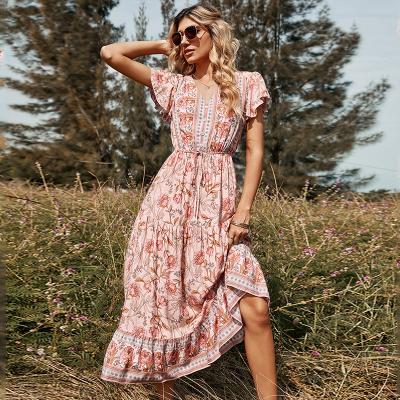 China Bohemian dress breathable mid-length waist V-neck of European and American women's floral dress high long for sale