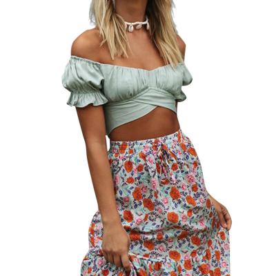 China Lantern V-neckline umbilical cord back off-the-shoulder thin square short-sleeved European summer breathable new ultra-short and American tie tops for sale