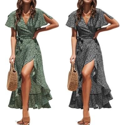 China Anti-Static Drop Shipping Plus Size Floral Print Draped Deep V Neckline Dresses Vintage Ruffle Sleeve Slit Midi Women Chiffon Slim Dress for sale