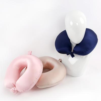 China 100% U Shaped Memory Mulberry Silk Memory Foam Airplane Travel Neck Pillow With Silk Case for sale