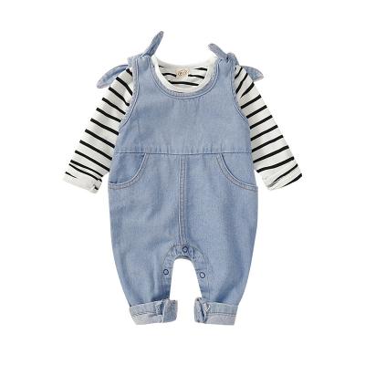 China Antibacterial Baby Long Sleeve Costume Newborn Striped Top Suits Denim Halter Overalls for sale