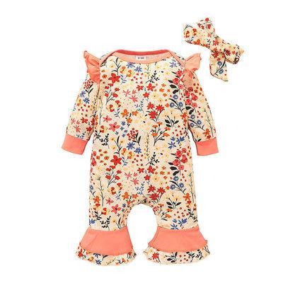 China Wholesale Newborn 100% Cotton Babies Spring Autumn Ruffled Jumpsuit Long Sleeves Flower Romper With Headband For Babies for sale