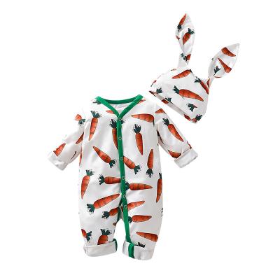 China Fashion Easter Baby Clothes Set Cute Infant Baby Boy Girls Cartoon Carrot Print Romper+rabbit Rabbit Ears Hat Easter Outfits for sale