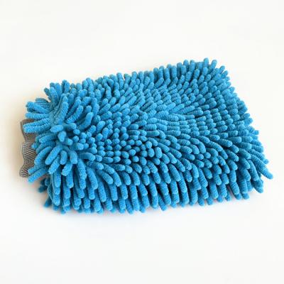 China 20x30cm Blue Double Side Effective Chenille Car Wash Glove Cleaning Glove for sale