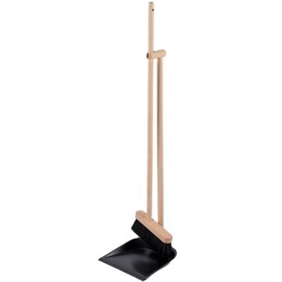 China Sustainable Customized Standing Dust Pan Broom Set Stainless Beech And Horsehair for sale