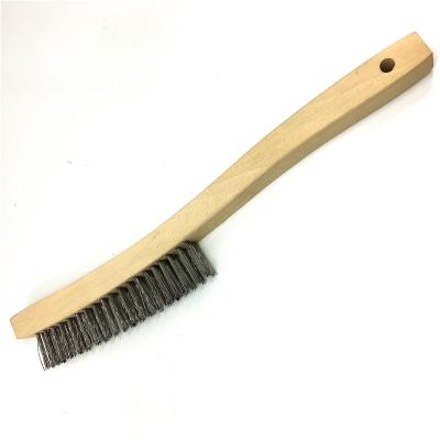 China Carbon Steel Wire Scratch Cleaning Brush with Curved Wooden Handle for sale