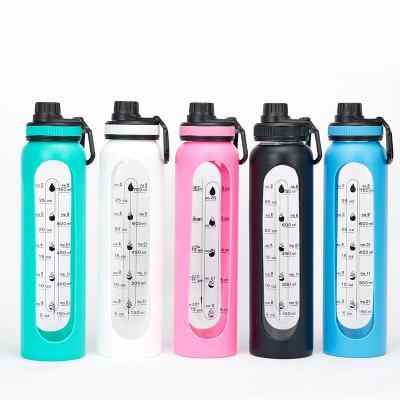 China Portable Water Bottle 1000ml Capacity Scale Water Cup Silicone Viable Glass Sleeve Large Capacity Flask Tumbler for sale