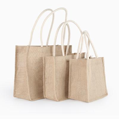 China Recyclable Stock Natural Burlap Tote Shopping Bags Reusable Jute Bags With Full Gusset With Handles for sale