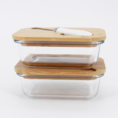 China Disposable Eco Friendly Mikenda Lunch Box Salad Tray Dishes With Glass Material Setting With Bamboo Lid&spoon for sale