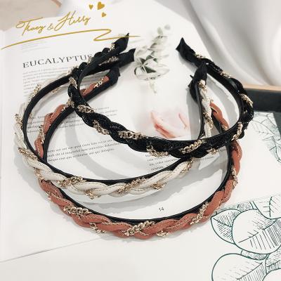 China Tracy Decoration and Herry Metal Solid Color Luxury Designer Braid Wash Leather Headband Chain PU Face Hair Band Feminine Women for sale