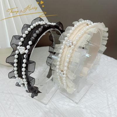 China Tracy decoration and French fashionable Herry new lace handmade fabric pleated pearl headband fashion woman hair accessories headband for sale