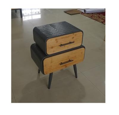 China Modern Customized Industrial Bamboo Night Stand With Steel Frame And 2 Drawers for sale