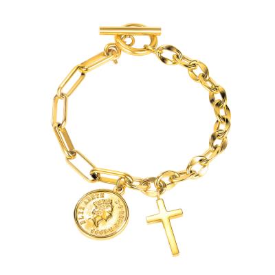 China FASHIONABLE New Women's Chain Stainless Steel Bracelet Gold Coin Jewelry Cross Pendant Bracelet for sale