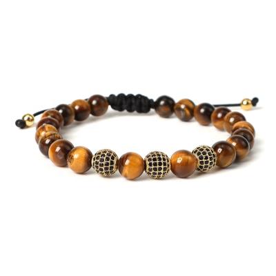 China Micro Ethnic Inlaid Jewelry Bracelete Adjustable Beaded Zircon Ball Yoga 8mm Tiger Eye Bracelet for sale