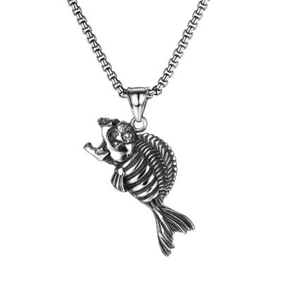 China Wholesale Simple Design Men's Punk Pendant Necklace Men's Retro Stainless Steel Fish Bone Jewelry Necklace for sale