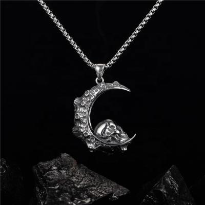 China TRENDY Silver Stainless Steel Jewelry Necklaces, Charm Pendant Necklace with Box Chain Link, Mens Skull Moon Custom Chain Necklace for sale