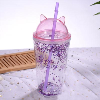 China 450ml Cute Girl Viable Straw Cups Reusable Custom Plastic Cups With Lid And Straw for sale