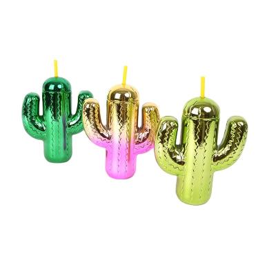 China 600Ml Cactus Sustainable Shape Plastic Bottle With Straw , Plastic Water Bottles With Straw , Visit Straw Bottle Kids for sale