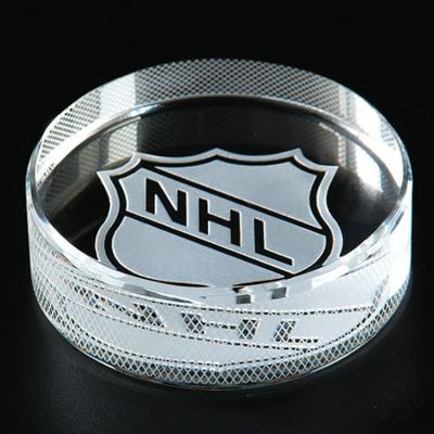 China Europe Custom 3D Laser Engraved Hockey Puck Crystal Paperweight for sale