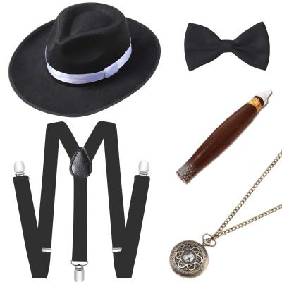 China Full Mens 1920s Gear Gatsby Bandit Costume Accessories Set 30s Manhattan Fedora Hat Suspenders Ecoparty for sale