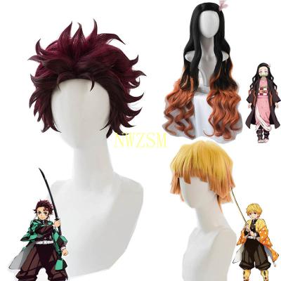 China Hign-temperature Resistance Fiber Kids Adult Wigs Nezuko Tanjirou Kamado Wigs Demon Slayer Kimetsu Cosplay No Yaiba Cosplay Wigs Zenitsu Agatsuma Gold Short Hair for sale