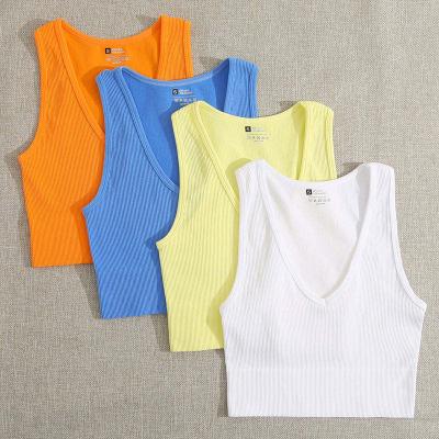 China 10 Colors Crop Tops Women's Soft Camisole QUICK DRY Seamless Sexy V-Neck V-Neck Vest Rib-knit Sleeveless Elastic Casual Tank Tops Female No Pad for sale