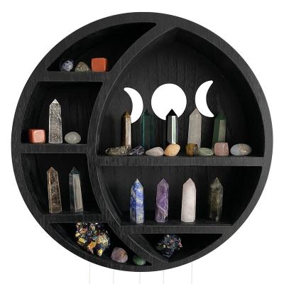 China Custom Traditional Veneer Crescent Moon Shelf For Crystals Wooden Black MDF Crystal Display Table Top Shelf Storage Rack for sale