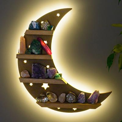 China Storage Moon Wall Mounted Shelf Wood Floating Shelves Hanging Storage Display Shelf Wall Decor For Living Room Bedroom for sale