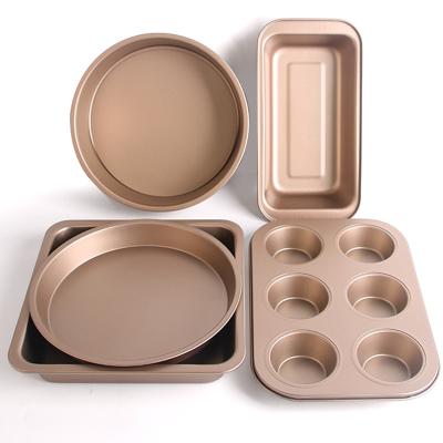 China Selling Carbon Steel Hot Round Non-Stick Movable Bread 5Pcs Rollable Cake Baking Pan Set Gold Baking Pan Set 5Pcs Bake Tray Set for sale