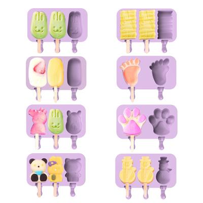 China 3 Cavities Cute Viable Design Silicone Trays Popsicle Mold Ice Cream Popsicle Maker Molds With Lids Sticks For Kids for sale