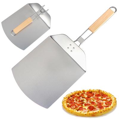 China Sustainable Movable Wood Handling Stainless Steel Shovel Pizza Peel Square Folding Peel With Handle Pizza Peel Rubber Wood Shovel for sale