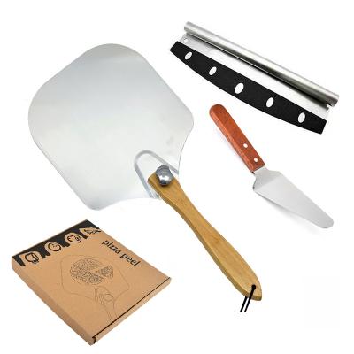 China Hot Selling Viable Amazon 3pcs Pizza Peel Shovel Set Foldable Pizza Peel Oven Accessories With Wooden Handle Cutter for sale