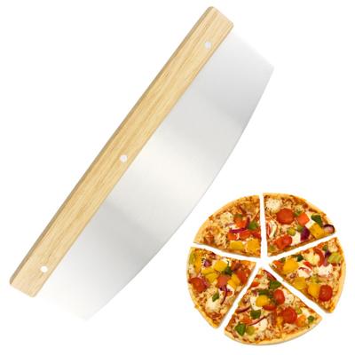 China Custom Made High Quality Viable 13 Inch Stainless Steel Double Handle Pizza Rocker Wood Cutter With Cover Device Wood Handle for sale