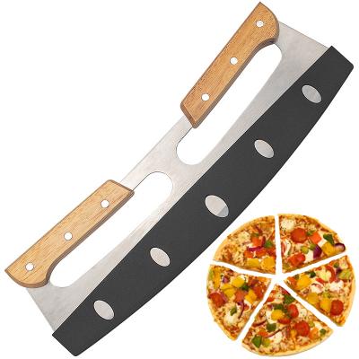 China Custom Made High Quality Viable 14 Inch Stainless Steel Double Handle Pizza Rocker Wood Cutter With Cover Device Wood Handle for sale