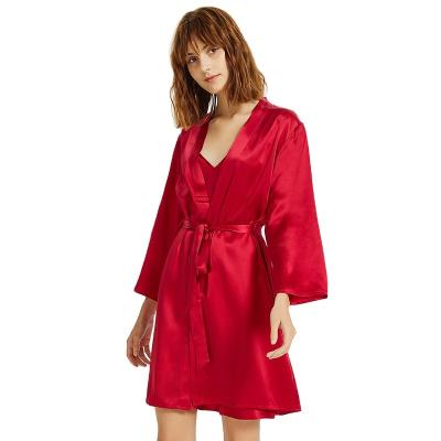 China QUICK DRY Women 19mm 100% Mulberry Silk Long Robe Nightgown Red Sleepwear 2 Piece Set for sale