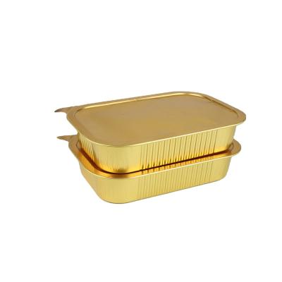 China Gold Color Food Grade Smooth Wall Aluminum Foil Food Container Tray With Sealable Lid Plastic Lids for sale