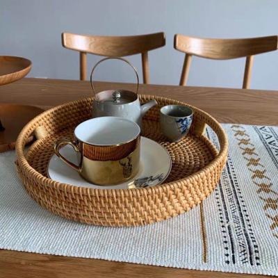 China Huangtu Sustainable Bamboo Rattan Serving Tray Round Breakfast Coffee Trays For Home Kitchen Storage for sale